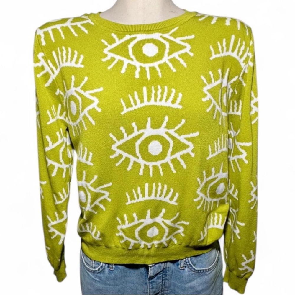 Lizette Collection Evil Eye Sweater Lime Green Graphic Knit Large